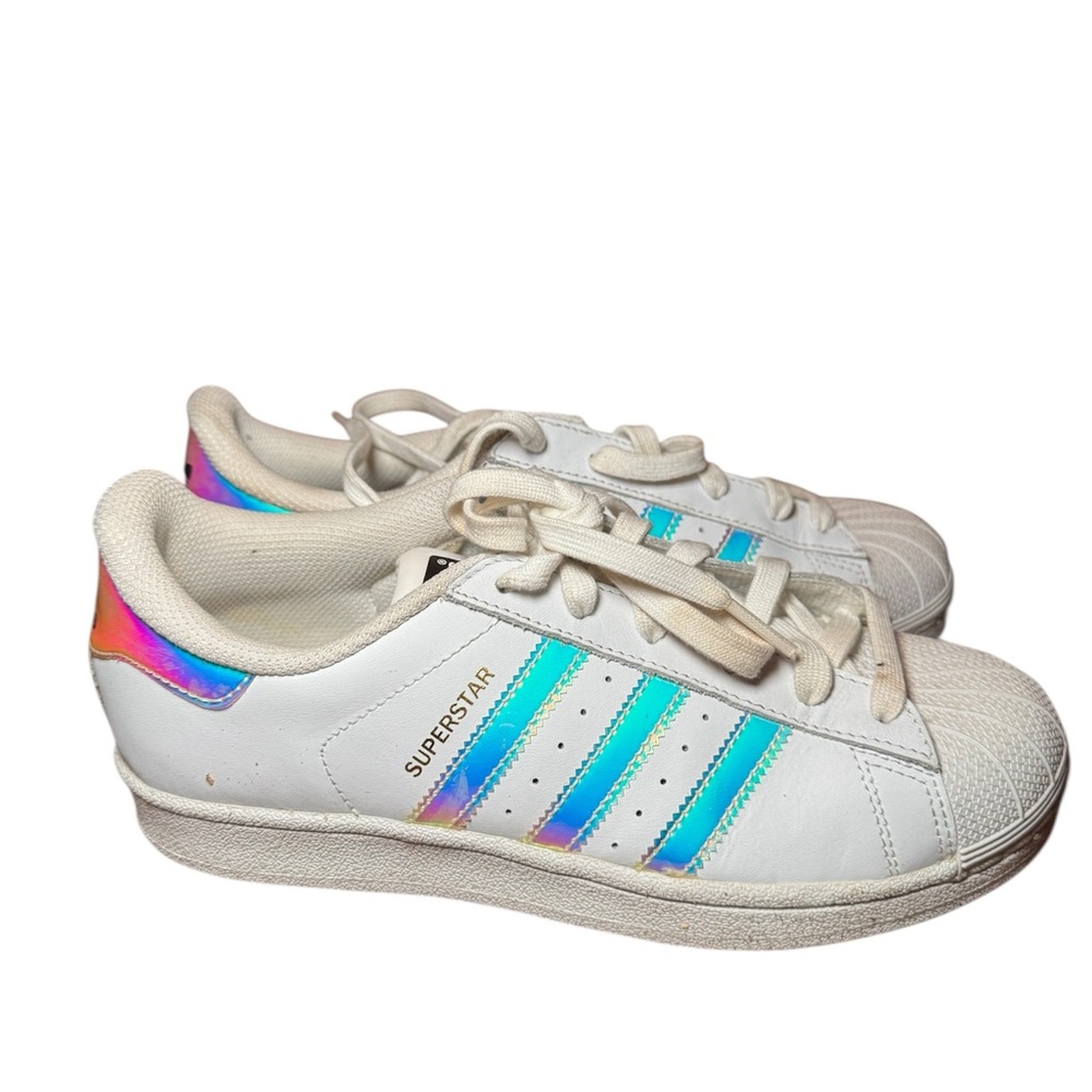 adidas White Superstar Sneakers with Iridescent Blue-Green Stripes